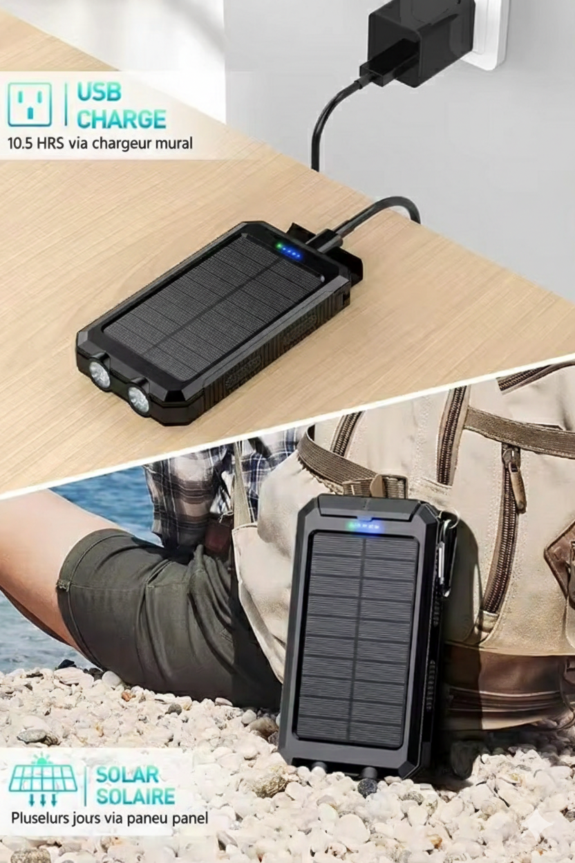 Power Bank Solaire 20 000 mAh – Batterie Externe Outdoor Étanche