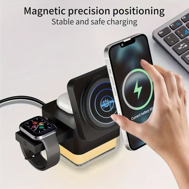 Chargeur Magnétique Sans Fil 4 en 1 – Recharge Rapide 15W et Support Multifonction