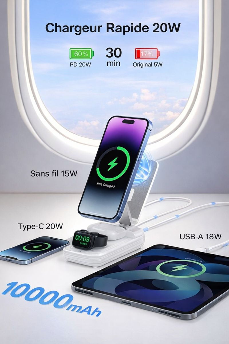 Chargeur Sans Fil 5-en-1 avec Batterie Externe 10000 mAh