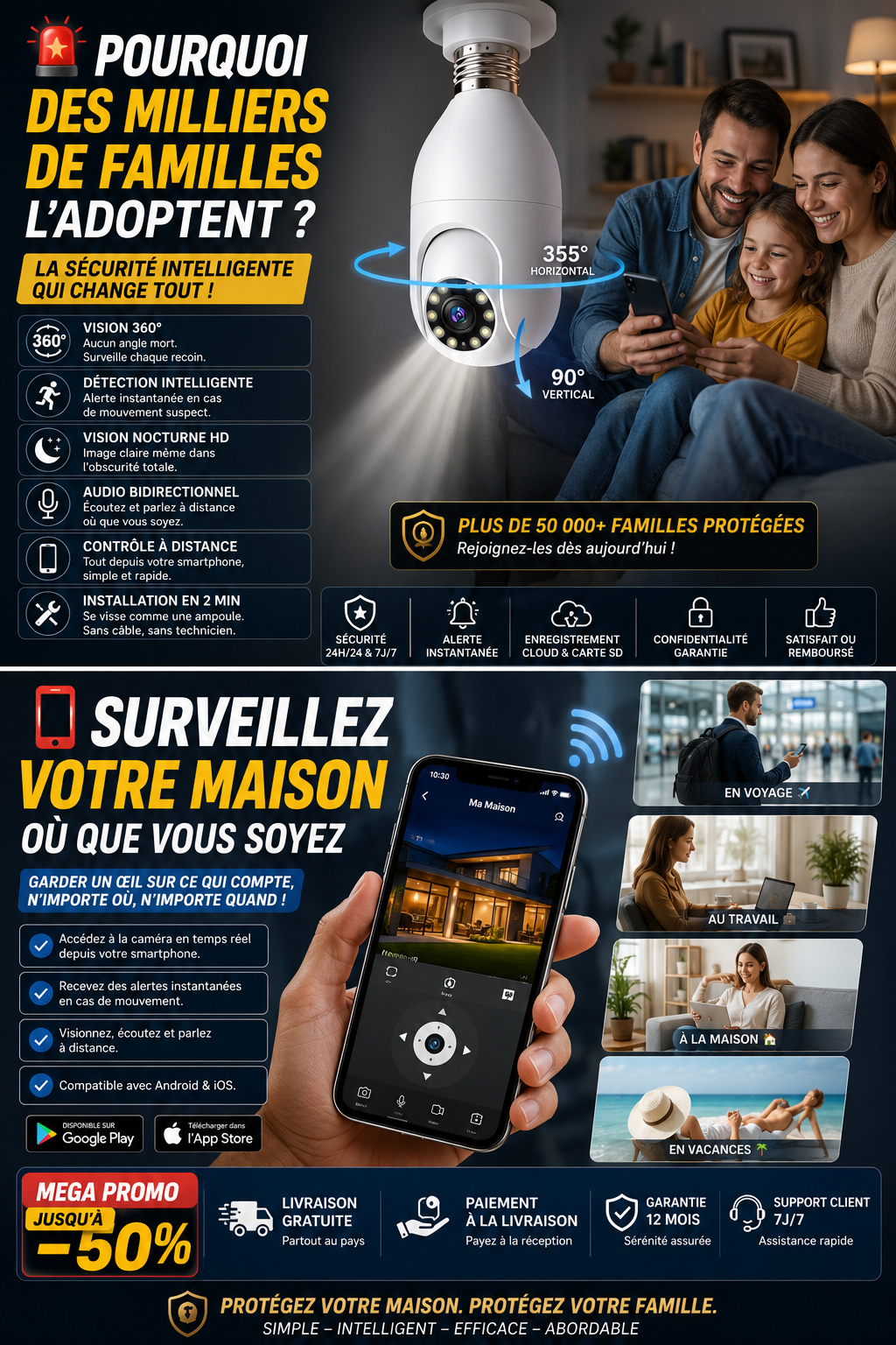 Caméra WiFi Rotative 360° – Vision Nocturne HD & Alertes Instantanées