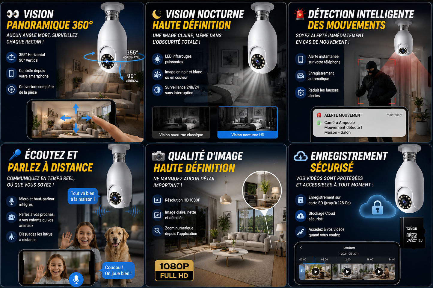 Caméra WiFi Rotative 360° – Vision Nocturne HD & Alertes Instantanées