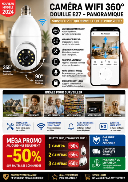 Caméra WiFi Rotative 360° – Vision Nocturne HD & Alertes Instantanées