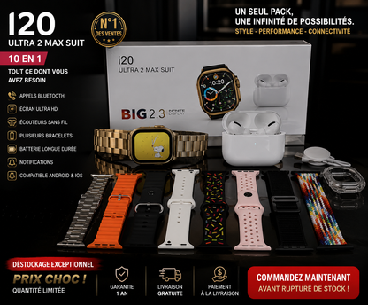 ⌚🎧 I20 ULTRA 2 MAX™ – LE PACK TECHNOLOGIQUE ULTIME 10 EN 1