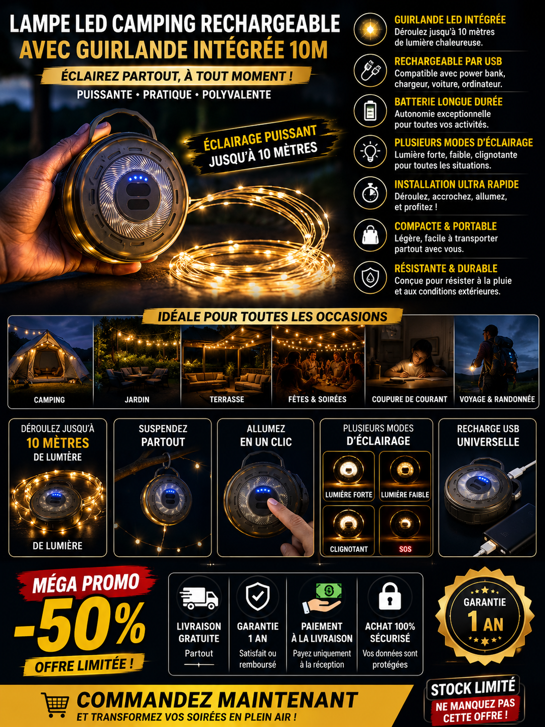 PowerLight™ 10M – Guirlande LED Rechargeable Haute Autonomie