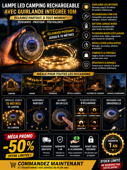 PowerLight™ 10M – Guirlande LED Rechargeable Haute Autonomie