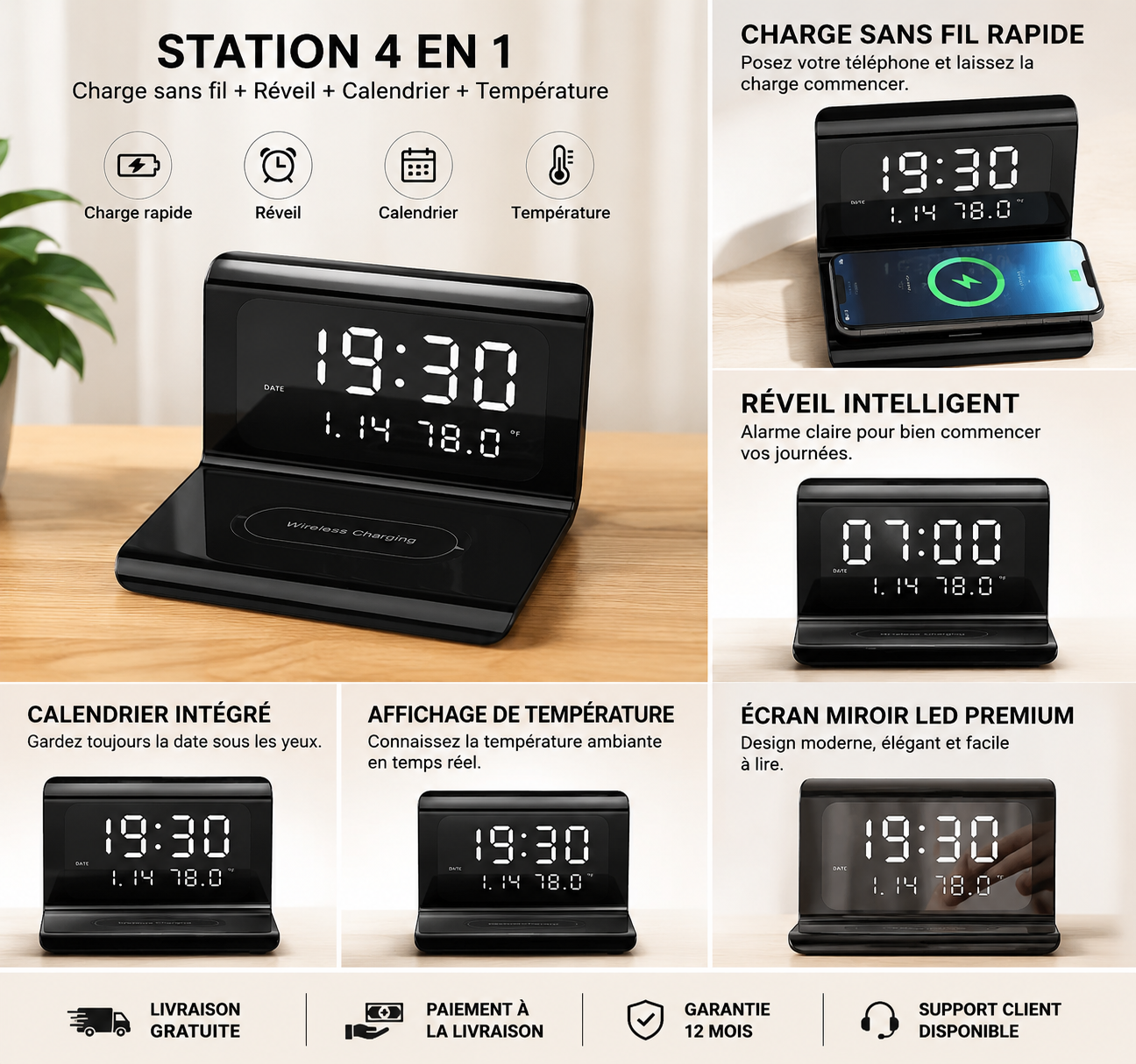 Station de Charge Sans Fil 4-en-1 avec Réveil Intelligent