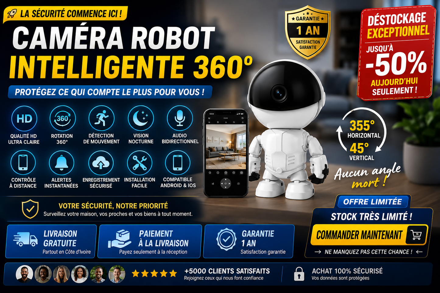 Caméra Robot IP Wifi 1080P 2MP Surveillance Intelligente GN
