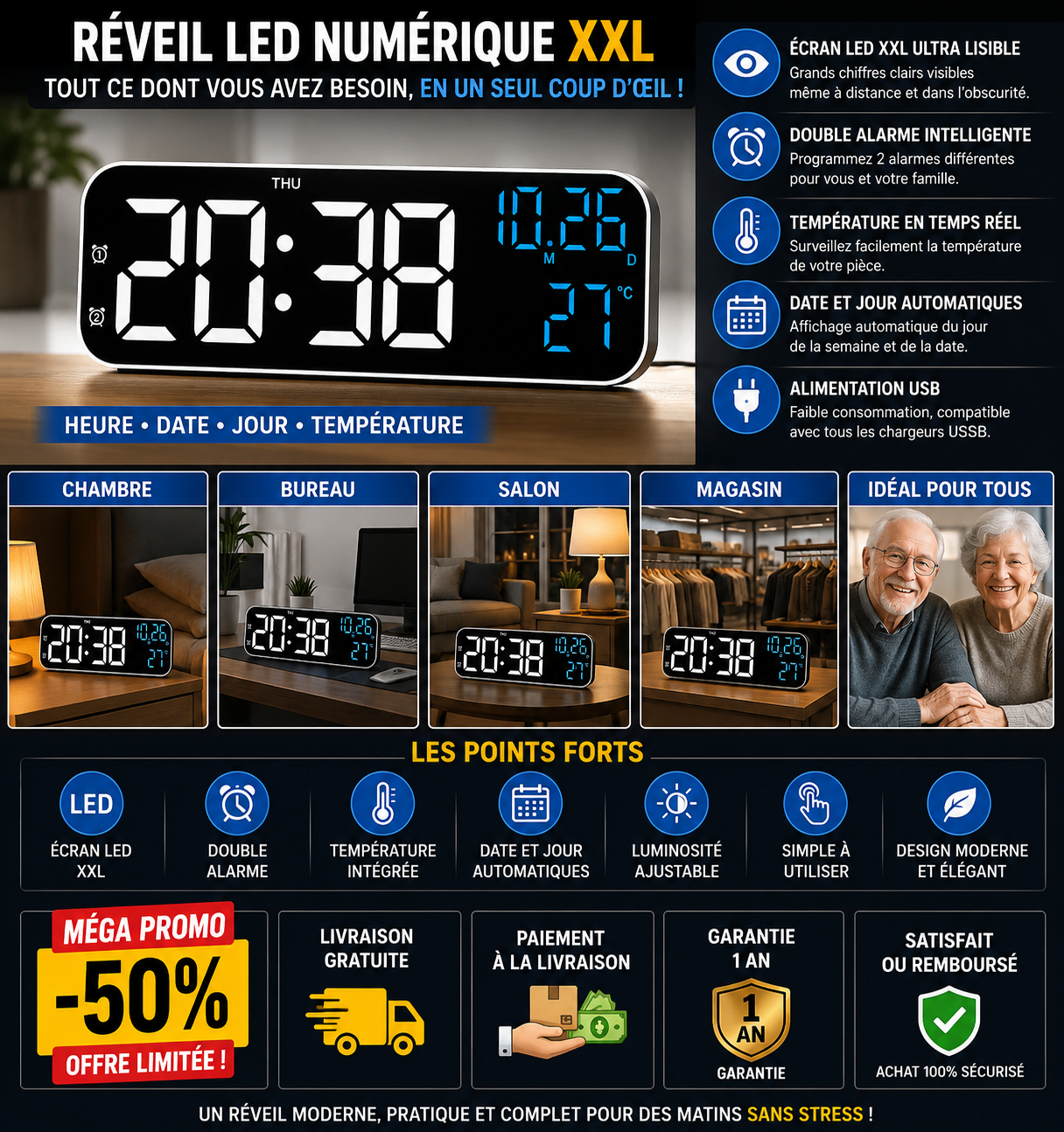 Réveil LED en Bois Design Moderne avec Affichage Intelligent