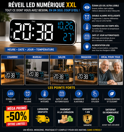 Réveil LED en Bois Design Moderne avec Affichage Intelligent