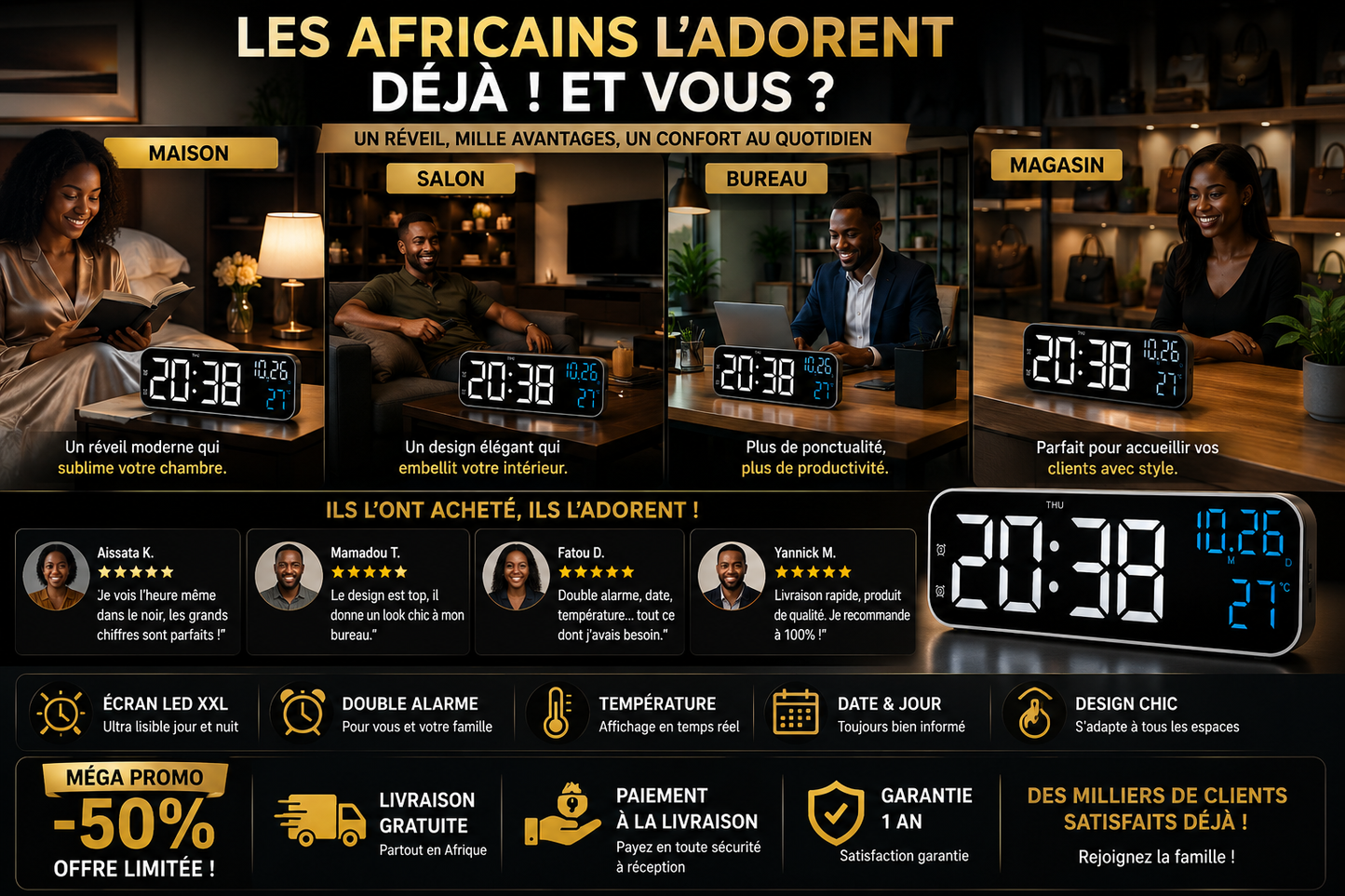 Réveil LED en Bois Design Moderne avec Affichage Intelligent