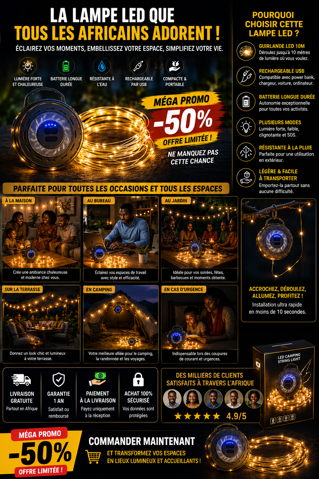 PowerLight™ 10M – Guirlande LED Rechargeable Haute Autonomie