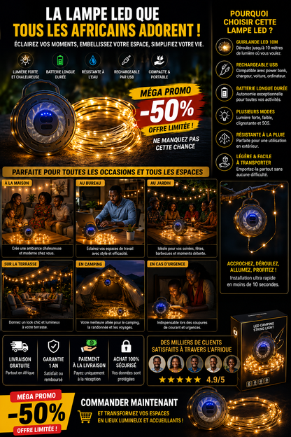 PowerLight™ 10M – Guirlande LED Rechargeable Haute Autonomie