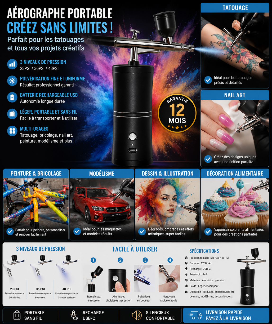 Aérographe Sans Fil Portable – Kit Rechargeable Haute Précision GN