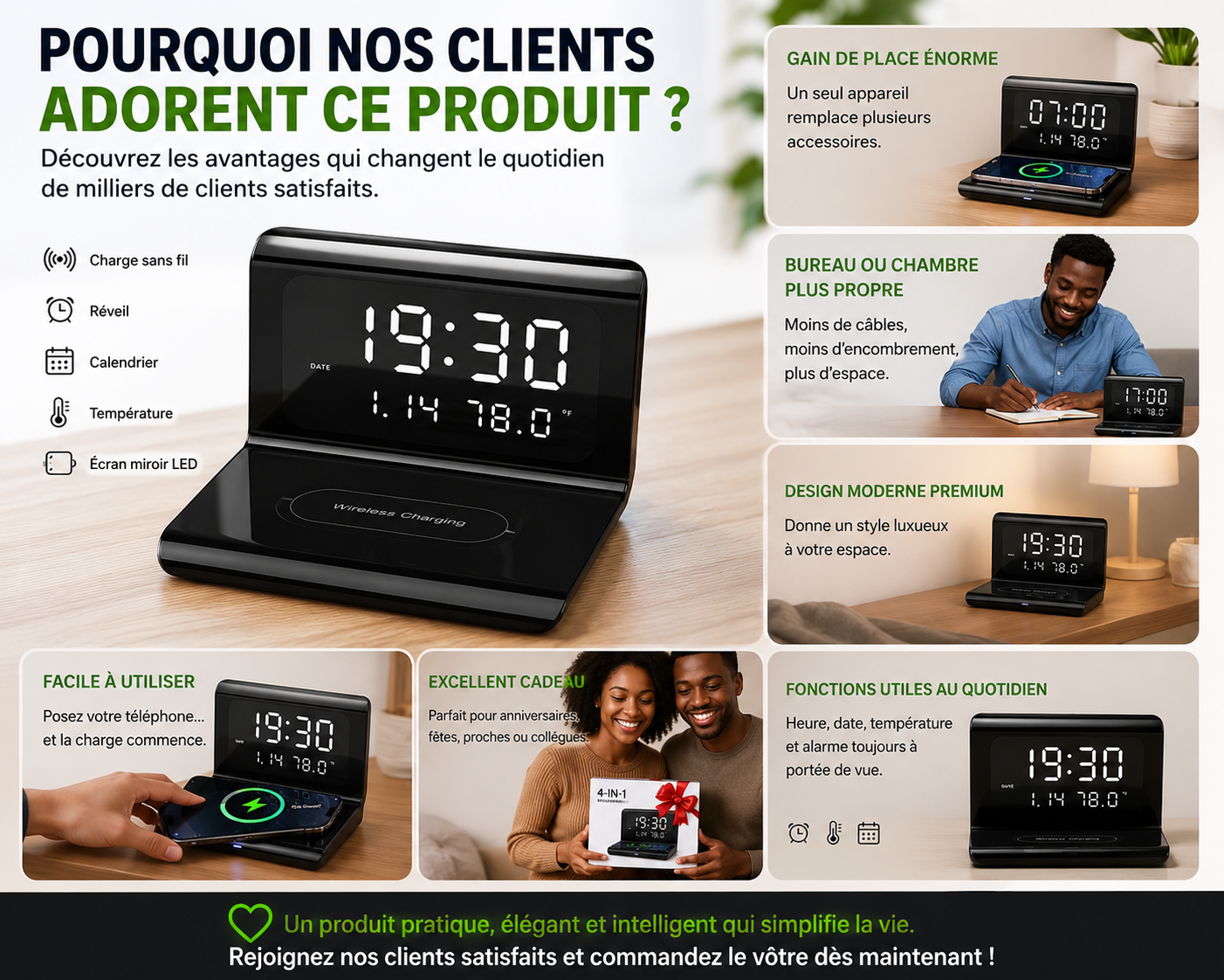 Station de Charge Sans Fil 4-en-1 avec Réveil Intelligent