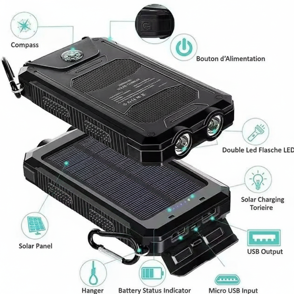 Power Bank Solaire 20 000 mAh – Batterie Externe Outdoor Étanche