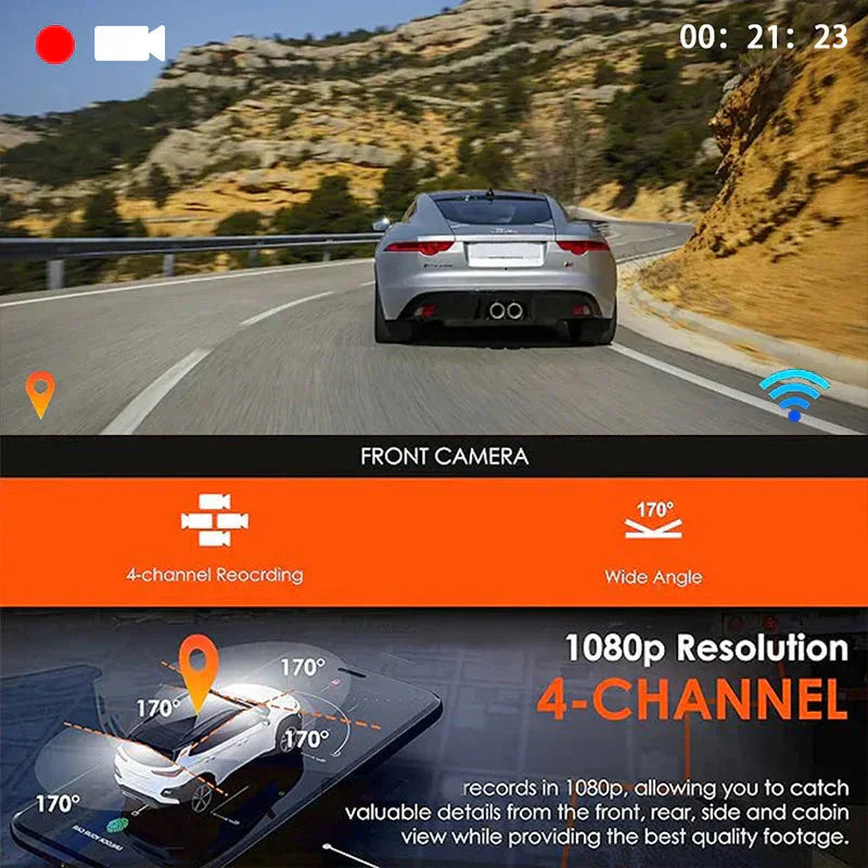 Caméra Dashcam 360° à 4 Objectifs – Sécurité Totale sur la Route